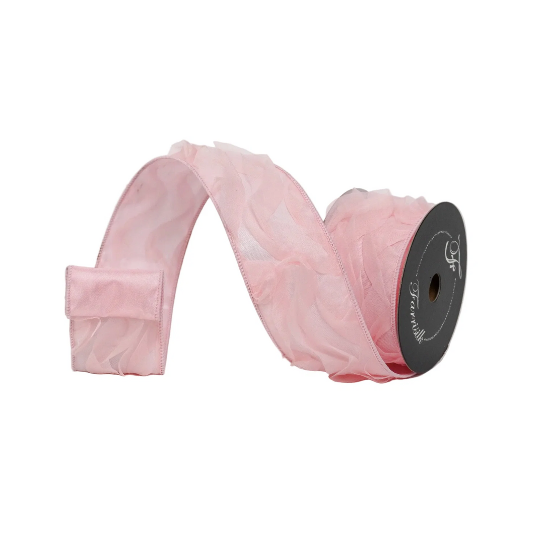 Farrisilk 2.5 inch x 10 yard light pink tulle wired ribbon with satin backing for Valentine's Day décor, Easter wreaths, wedding bows, floral arrangements, gift wrapping, and spring decorating.