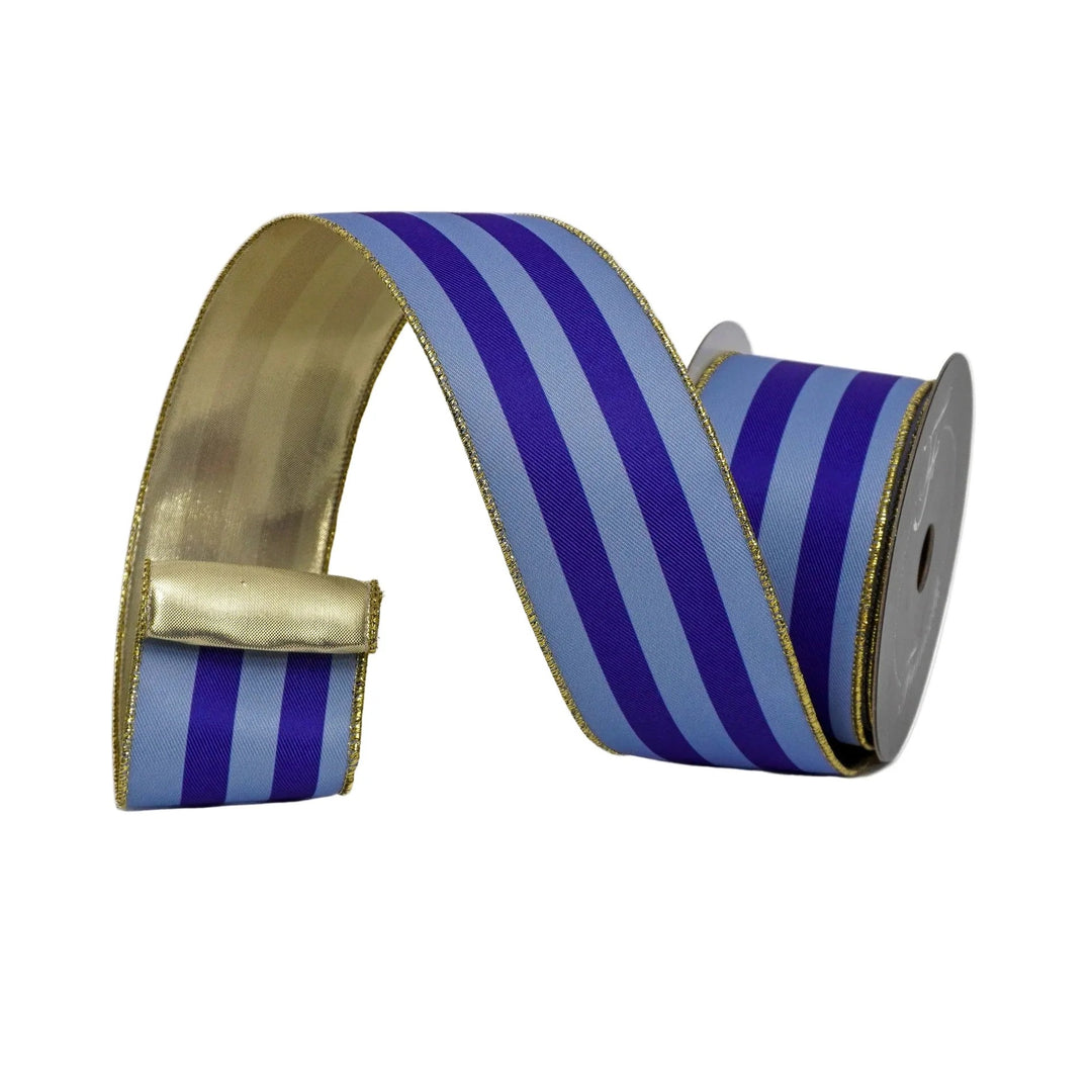 Farrisilk 2.5 inch x 10 yard Blue Cirque Du Stripe wired ribbon with metallic gold backing for Christmas bows, patriotic wreaths, floral arrangements, gift wrapping, and luxury home décor.