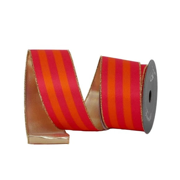 Farrisilk 2.5 inch x 10 yard orange and hot pink Cirque Du Stripe wired ribbon with metallic gold backing for Halloween bows, Valentine's Day wreaths, floral arrangements, gift wrapping, and luxury home décor.