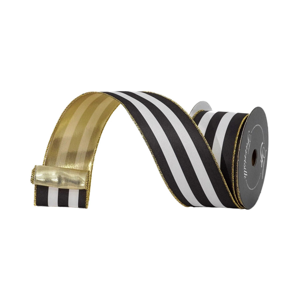 Farrisilk 2.5 inch x 10 yard black and white Cirque Du Stripe wired ribbon with metallic gold backing for Halloween, Christmas, New Year's wreaths, bows, floral arrangements, gift wrapping, and luxury home décor.