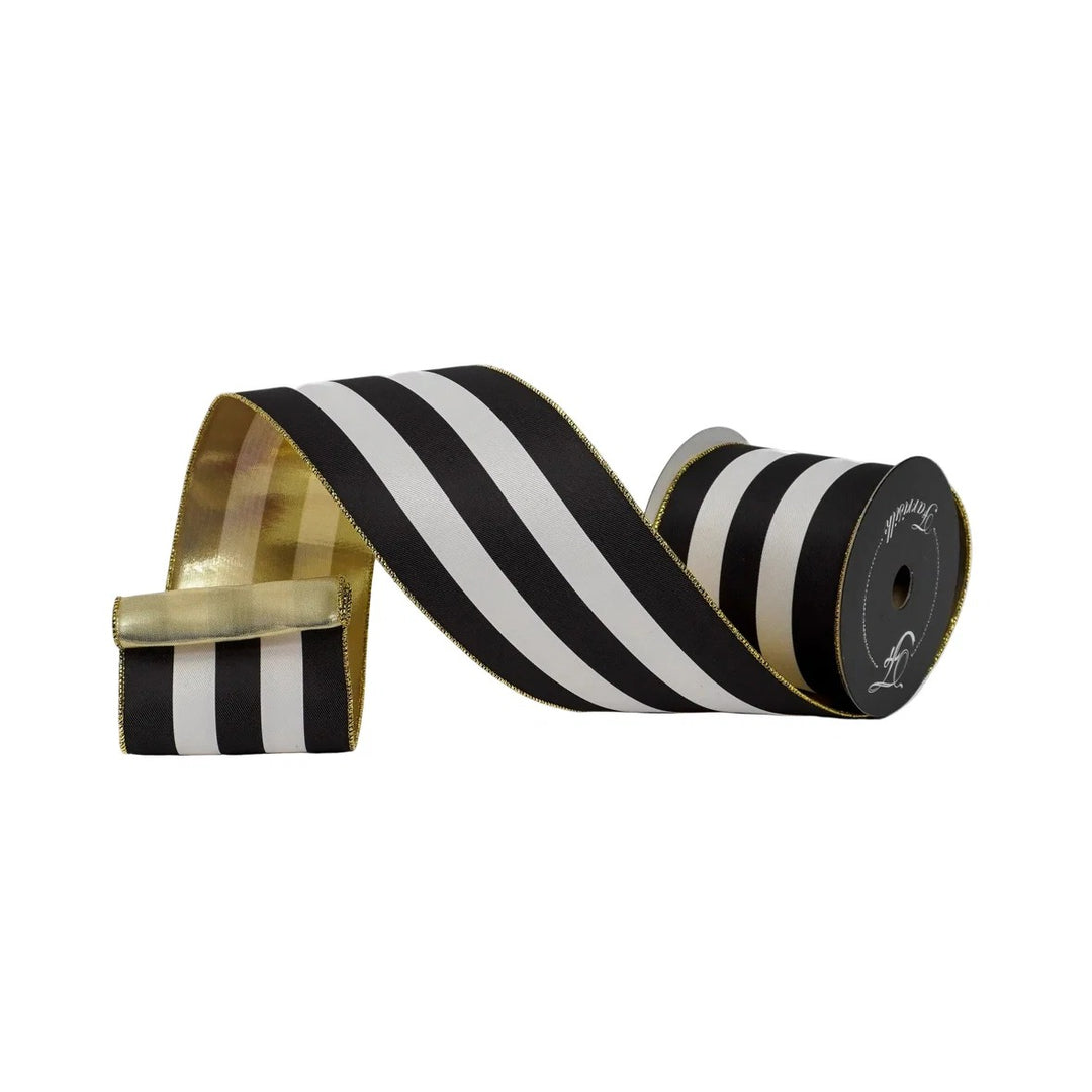 Farrisilk 4 inch x 10 yard black and white Cirque Du Stripe wired ribbon with metallic gold backing for oversized bows, Halloween décor, Christmas wreaths, tree toppers, floral arrangements, gift wrapping, and luxury home décor.