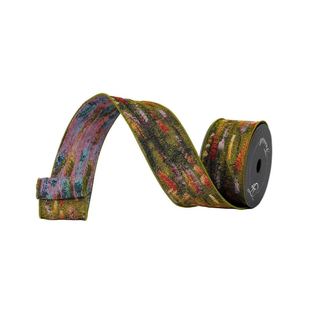 Farrisilk 2.5 inch x 10 yard Impressionist Fall wired ribbon featuring olive green, rust orange, gold, blue, and burgundy tones for bows, fall wreaths, Thanksgiving décor, floral arrangements, and luxury home decorating.