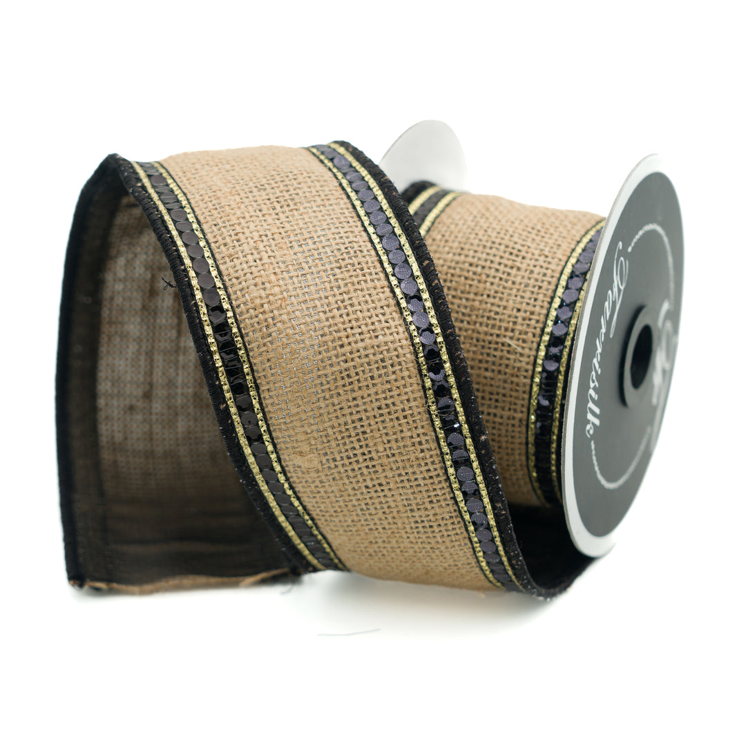 Farrisilk 2.5" x 10 YD Sequin Borders Wired Ribbon in Natural/Black