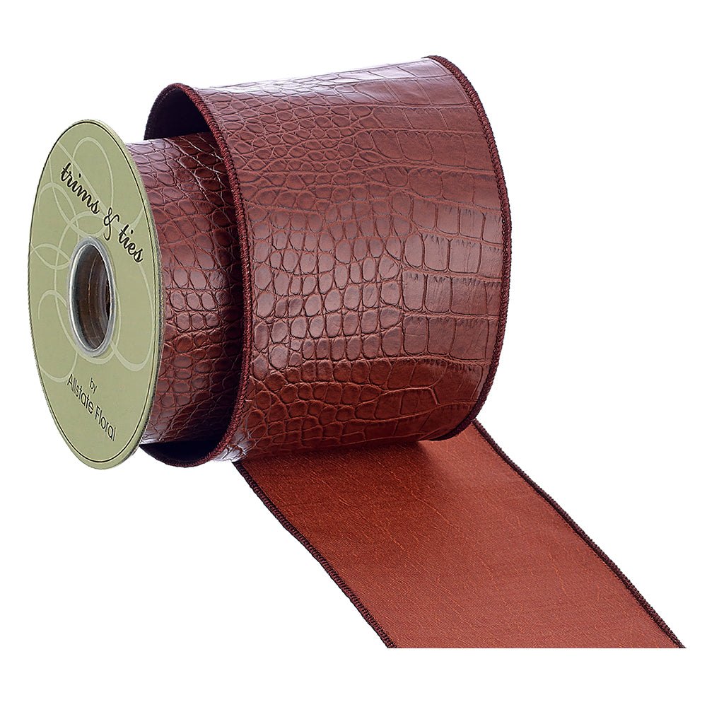 4" X 5yd Brown Faux Leather Aliigator Textured Wired Ribbon
