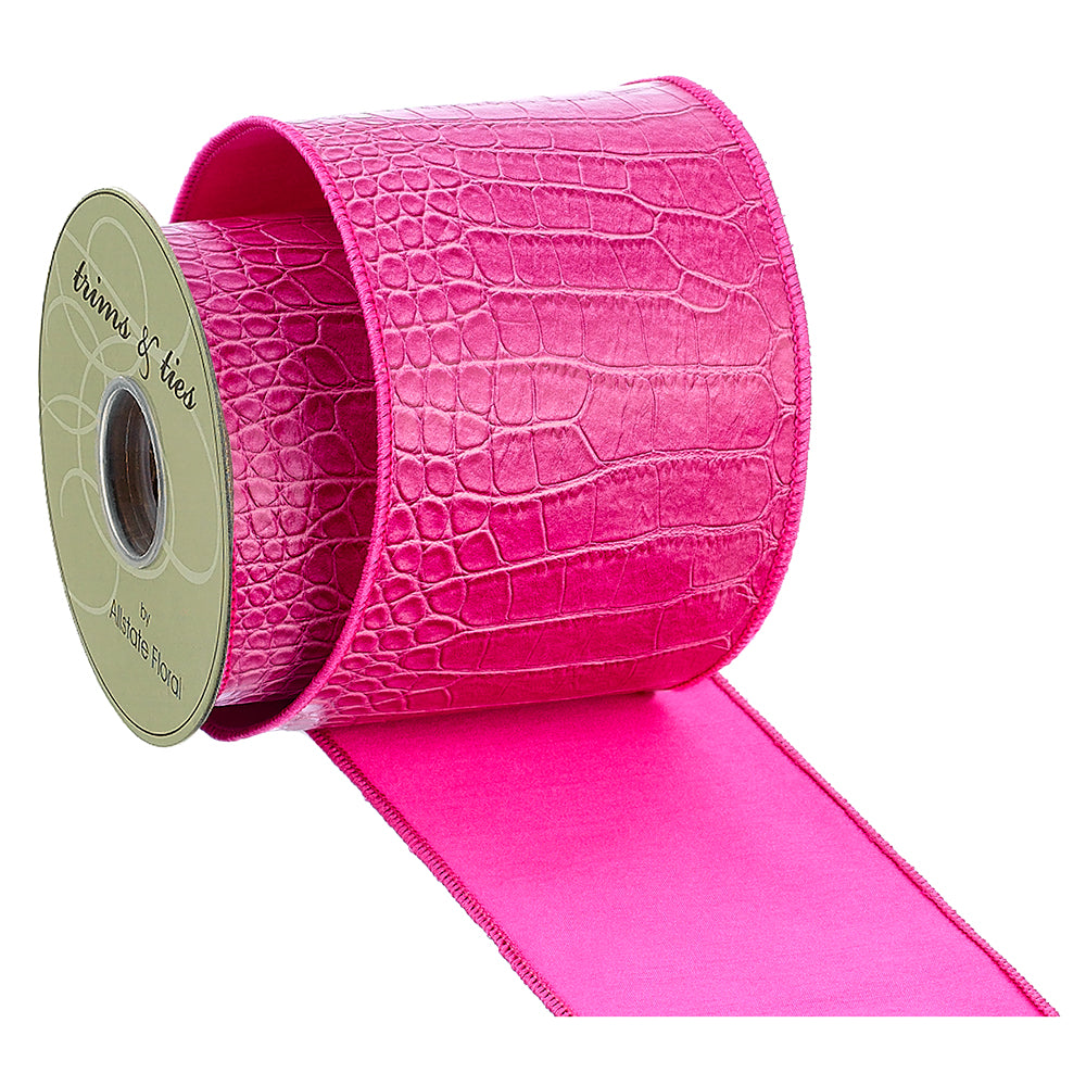 4" X 5yd Pink Faux Leather Aliigator Textured Wired Ribbon