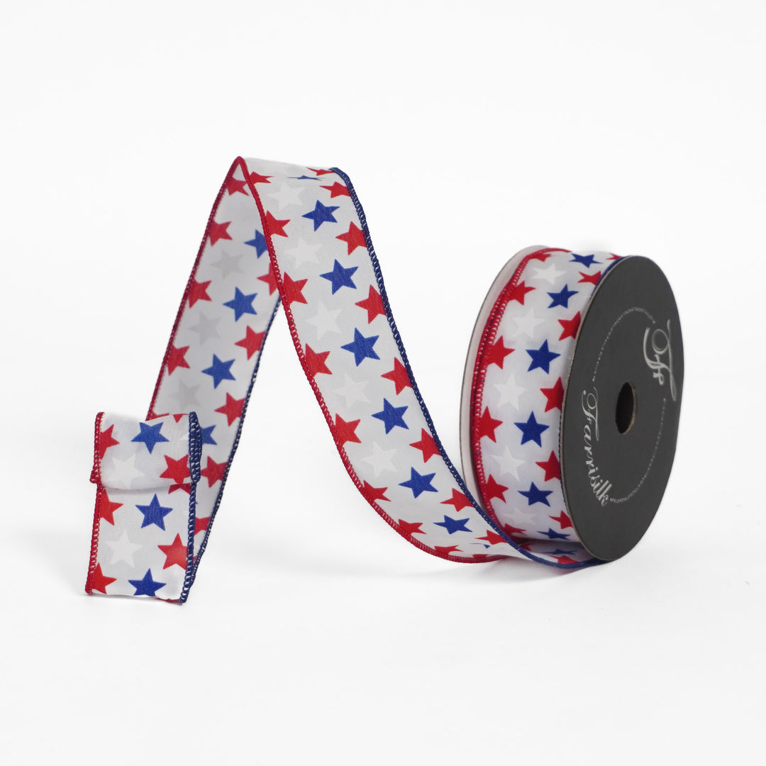 Red, white, and blue star-patterned ribbon on a white background