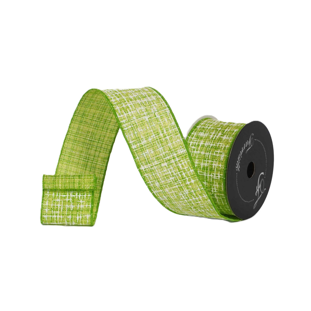 Green ribbon on a spool with a textured pattern against a white background