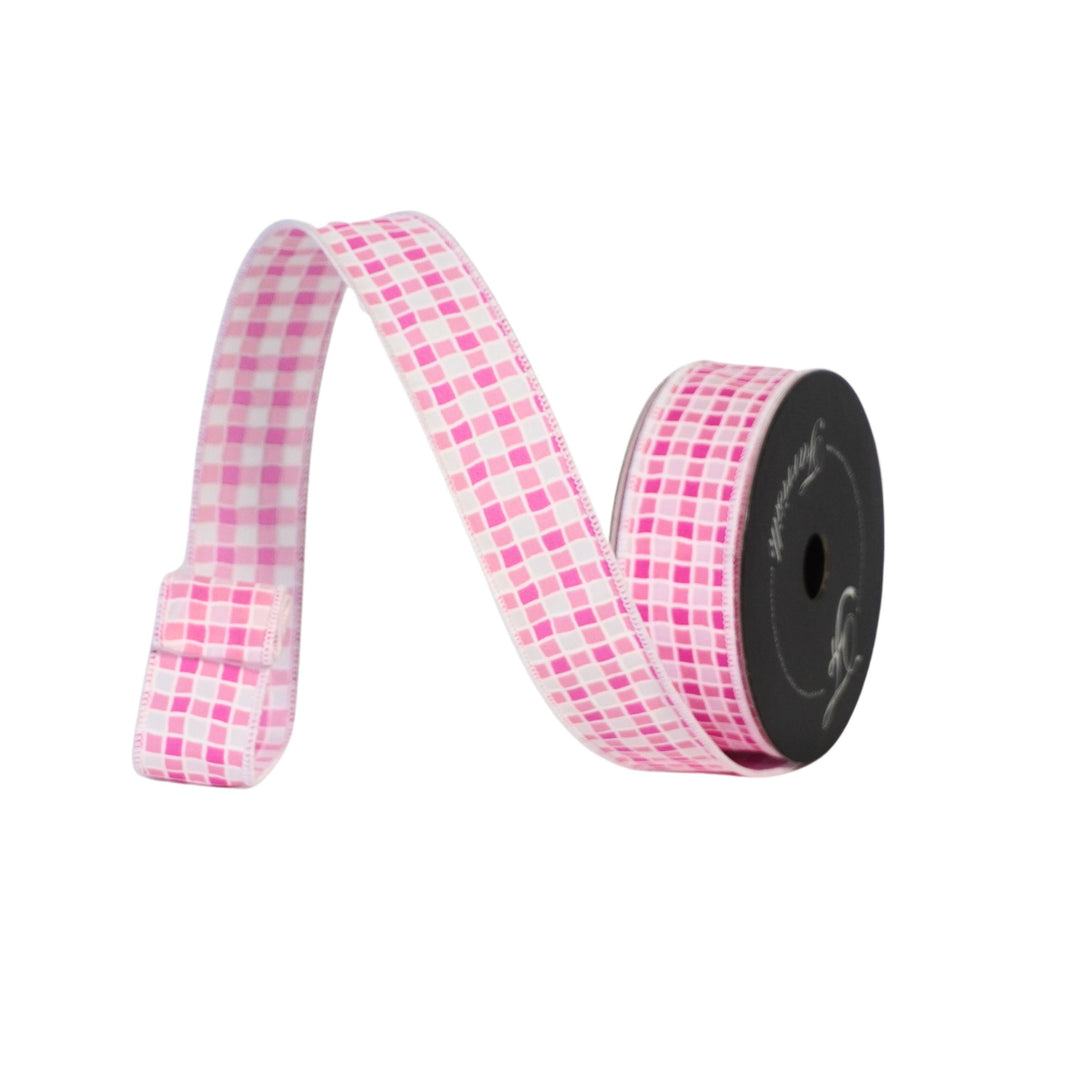 Pink and white checkered ribbon on a spool with a visible brand name.