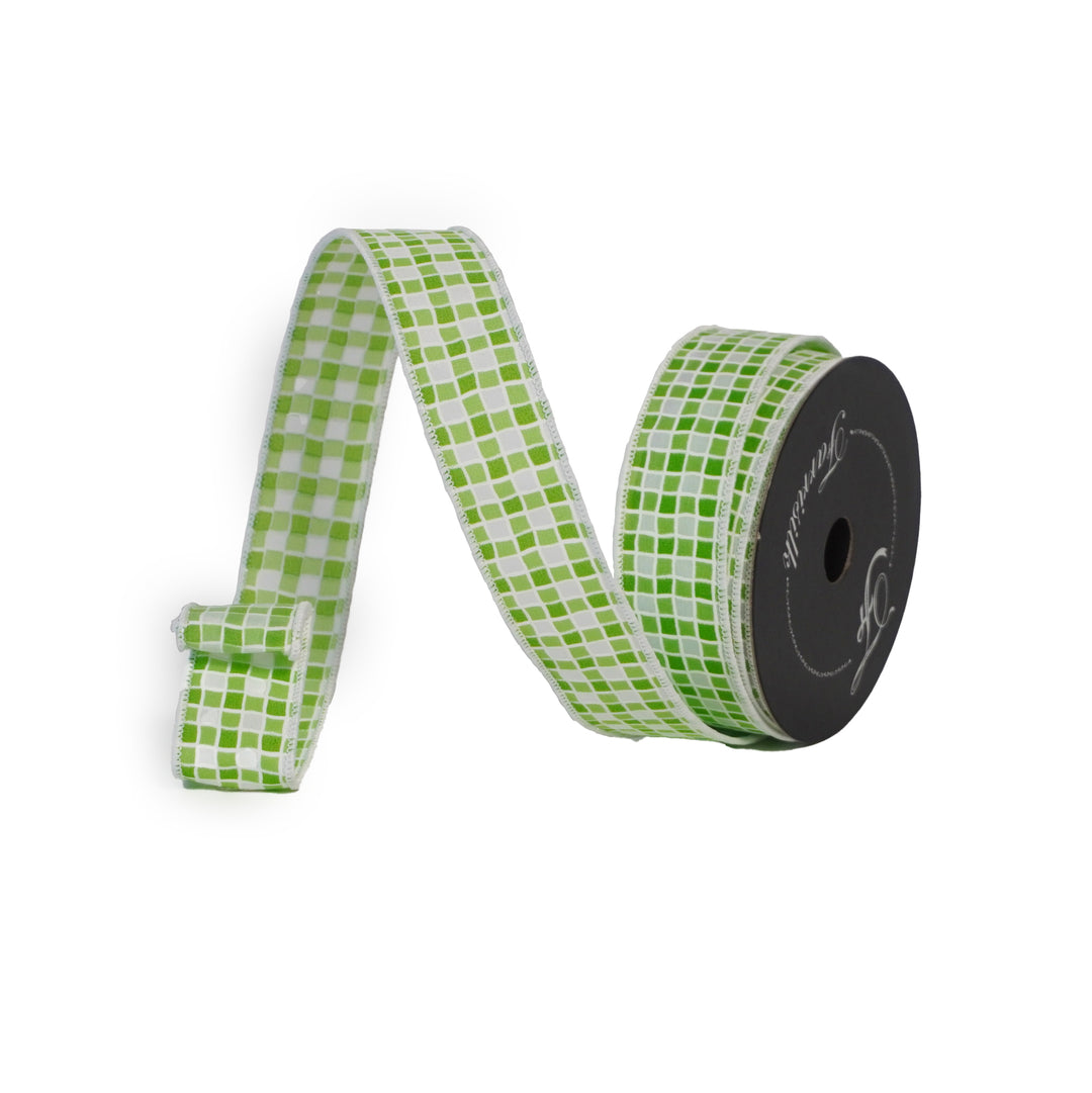 Green and white checkered ribbon on a spool with a brand label.