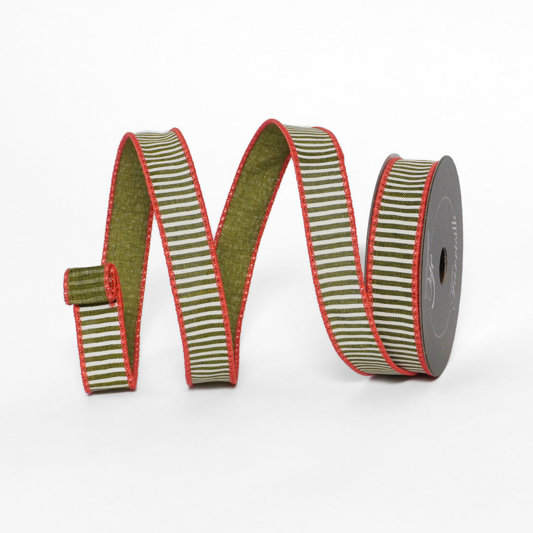 Striped ribbon with green and red pattern on a white background