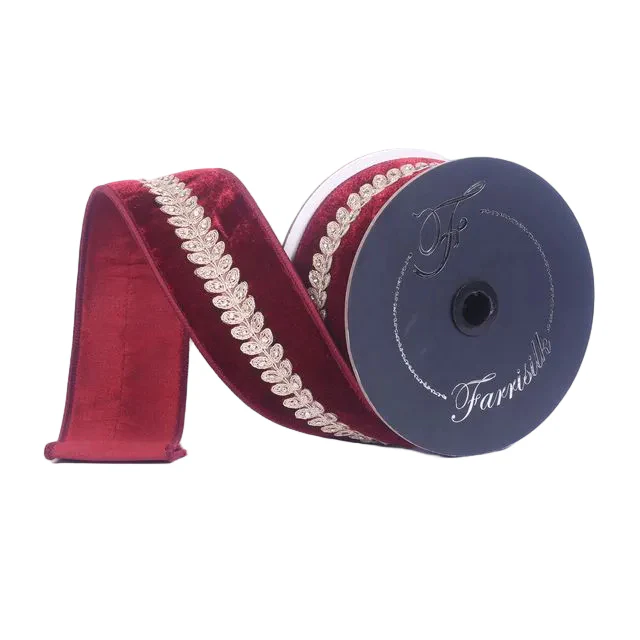 Farrisilk 2.5 inch x 5 yard ruby red velvet wired ribbon with diamond garland trim for luxury wreath bows, Christmas decorating, floral arrangements, wedding décor, gift wrapping, and elegant home décor