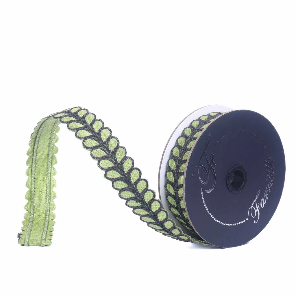 Farrisilk 1 inch x 5 yard Lime Green Dorsum wired ribbon featuring lime green dupioni fabric with black embroidered leaf-inspired trim, perfect for wreath bows, floral arrangements, Halloween décor, botanical designs, gift wrapping, and DIY crafts