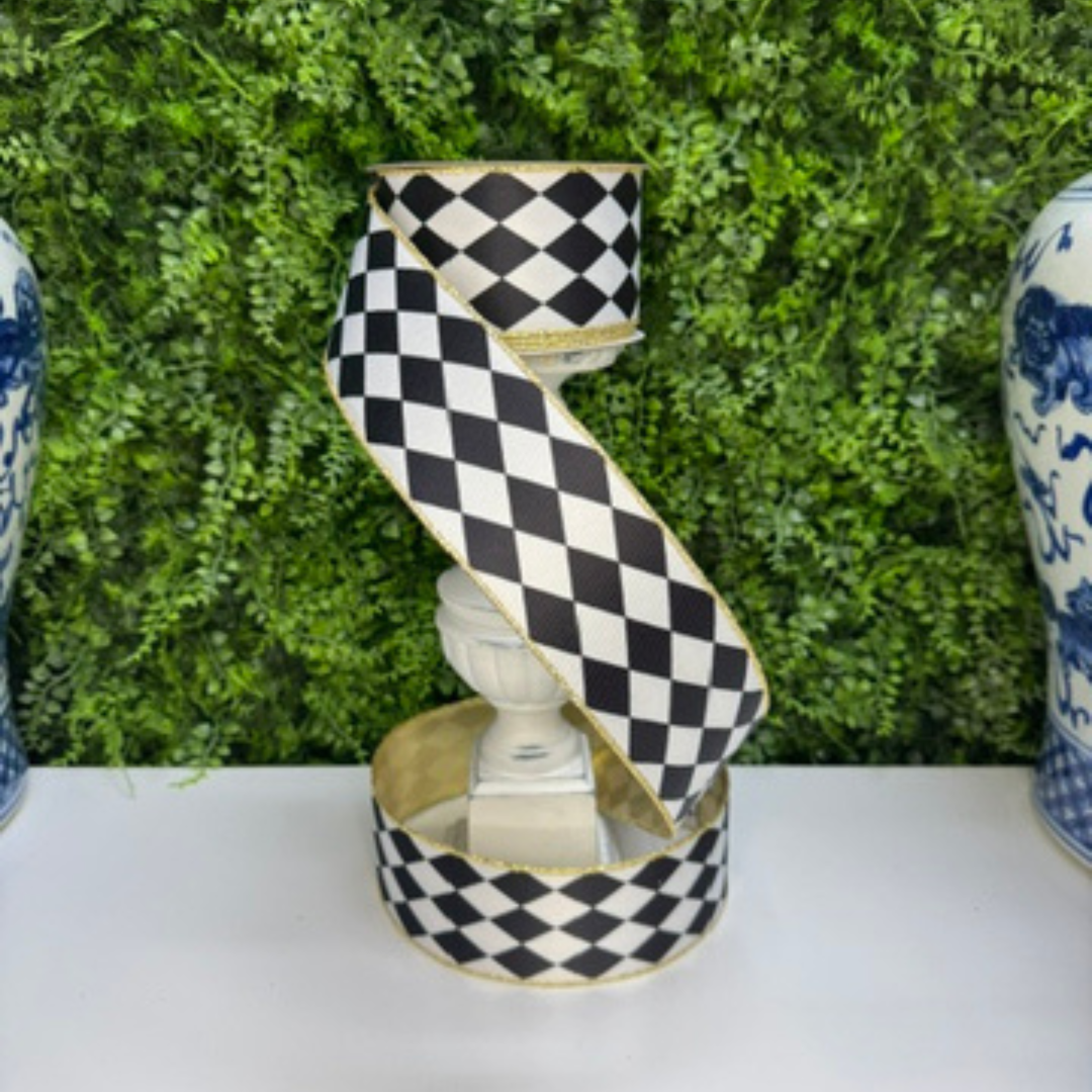 Farrisilk 2.5" x 10 YD Harlequin Black and White with Gold Back Wired Ribbon