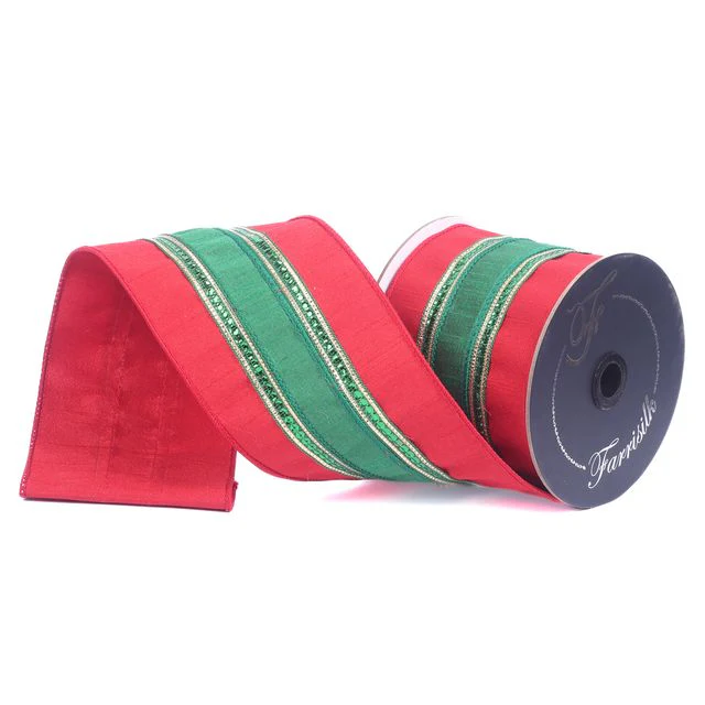 Farrisilk 4 inch x 10 yard emerald green and red twinkle borders wired ribbon with gold accents for luxury wreath bows, Christmas tree toppers, holiday floral arrangements, gift wrapping, and elegant home décor