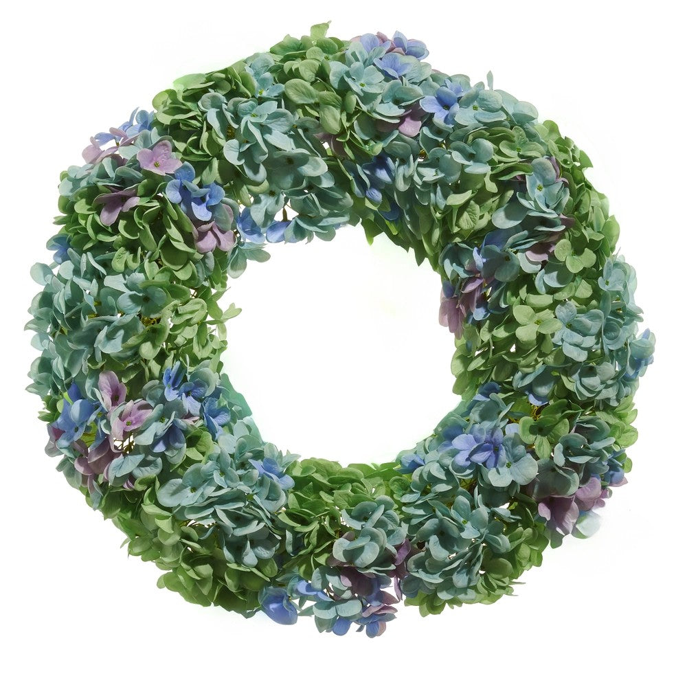 Green and blue artificial hydrangea wreath on a white background