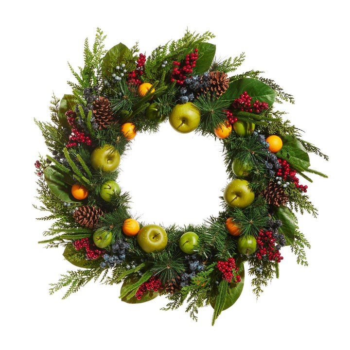 RAZ 33 inch mixed fruit wreath inspired by Williamsburg and Della Robbia-style Christmas décor, featuring realistic greenery, fruit and pinecones for elegant front door decorating.