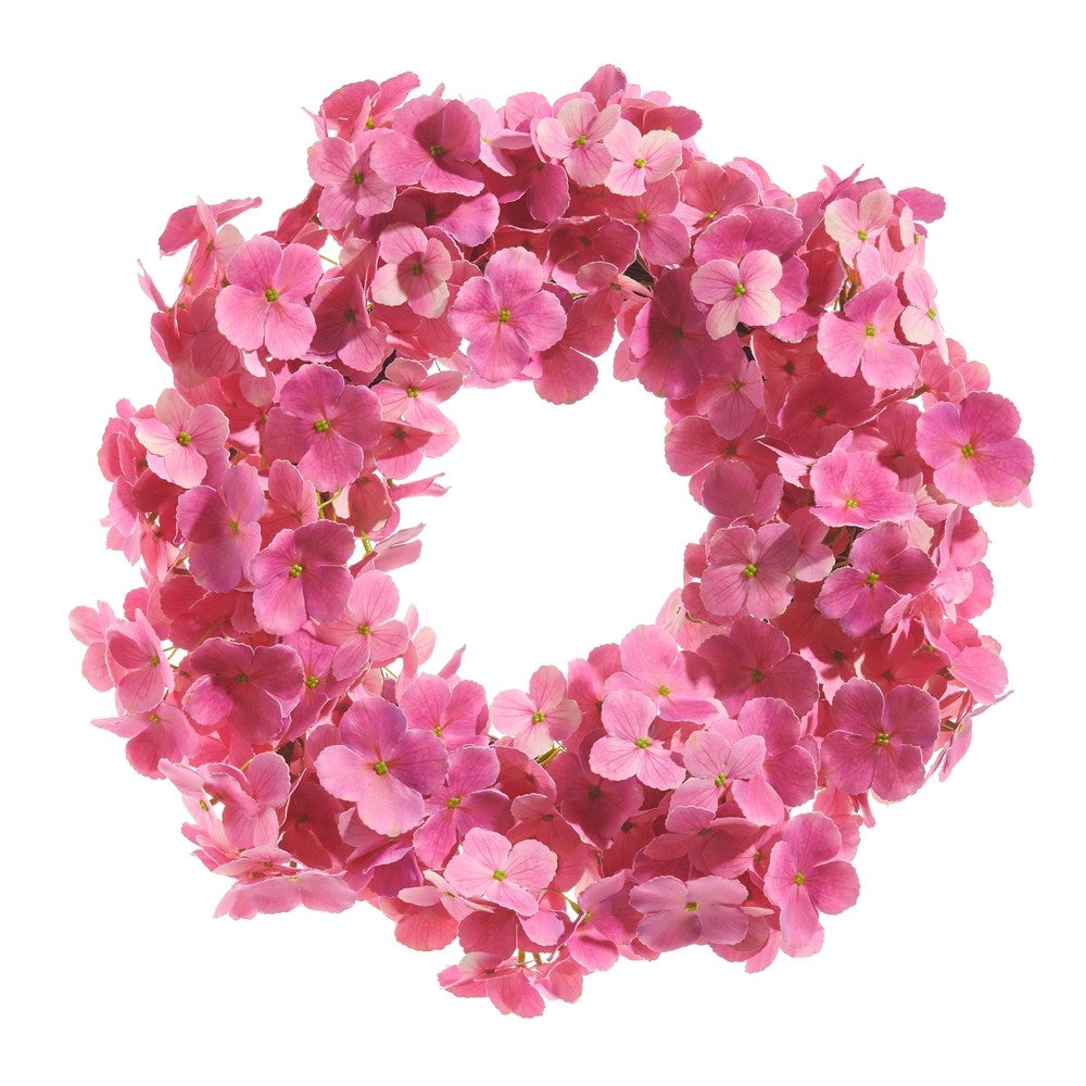 Floral wreath made of pink hydrangea flowers on a white background