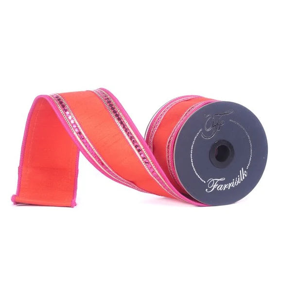 Farrisilk 2.5 inch x 10 yard orange and hot pink twinkle borders wired ribbon for Halloween, Valentine's Day, Fall wreaths, designer bows, floral arrangements, and luxury home décor.