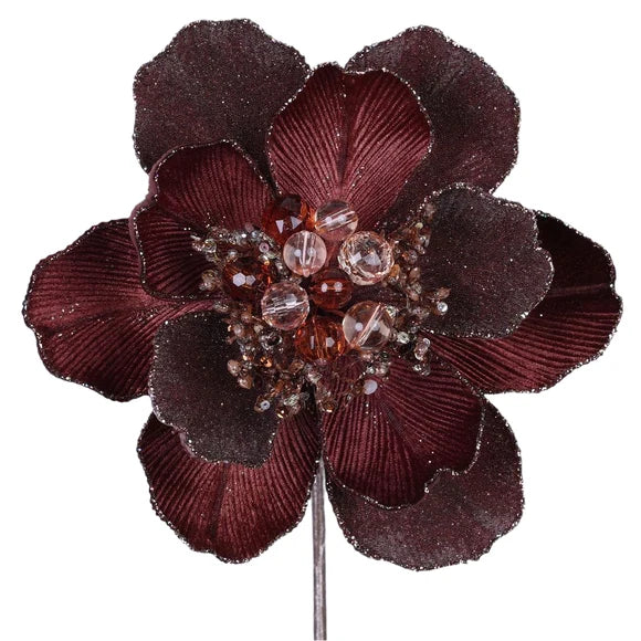 Farrisilk 10-inch chocolate brown Grand Magnolia stem with oversized layered petals, sparkling trim and jeweled center for Fall and Christmas floral décor.