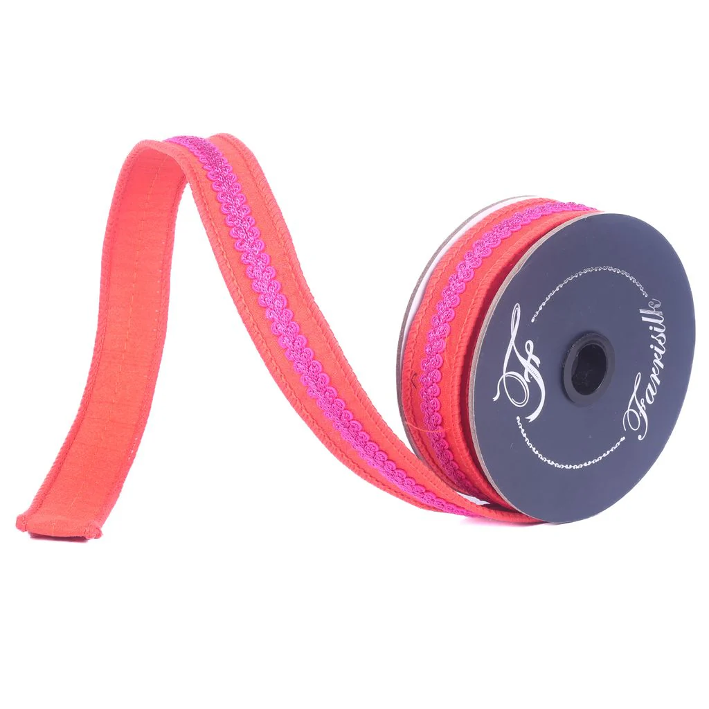 Farrisilk 1 inch x 10 yard Hot Pink and Orange Belace wired ribbon featuring orange dupioni fabric with hot pink decorative center trim, perfect for wreath bows, floral arrangements, tropical décor, gift wrapping, and DIY crafts