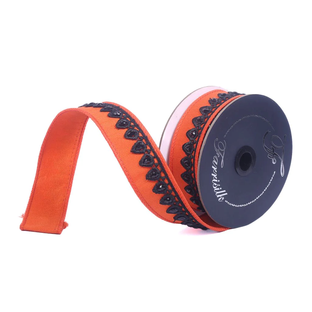 Farrisilk 2.5 inch x 5 yard Orange and Black Spellbound wired ribbon featuring orange dupioni fabric with black embroidered decorative trim, perfect for Halloween wreaths, floral arrangements, bows, fall décor, gift wrapping, and DIY crafts