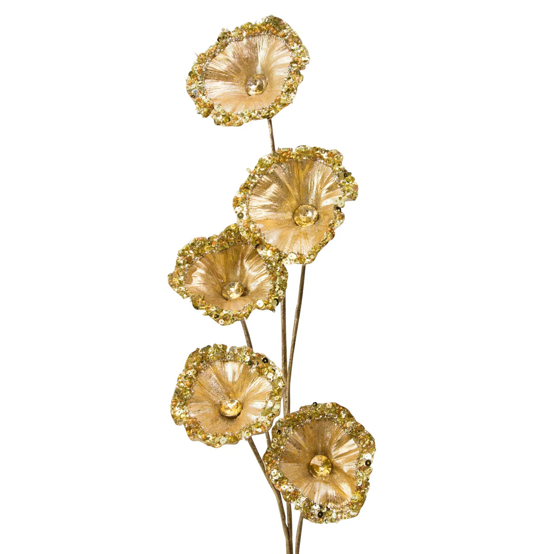 Farrisilk 32" Crystal Pod Pick in gold with five sequin-trimmed pods and crystal centers for Christmas trees, wreaths and luxury holiday décor.