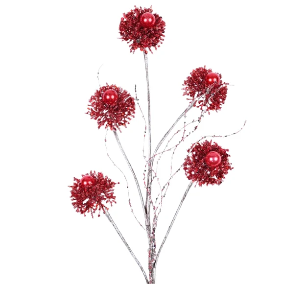 Farrisilk 28" Red Pearl Puff Spray with five sparkling red puff accents and pearl centers for Christmas trees, wreaths and elegant holiday décor.