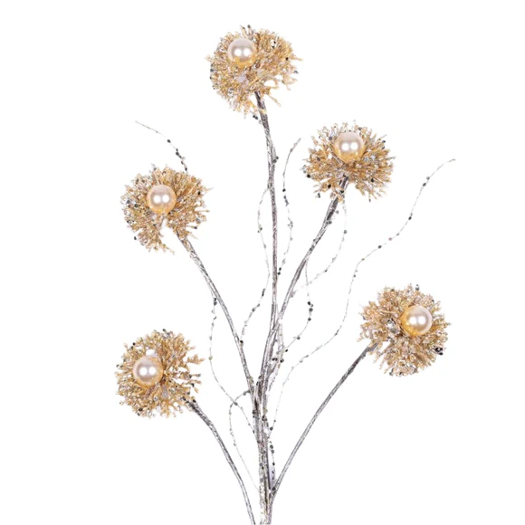 Farrisilk 28" Gold Pearl Puff Spray with five sparkling gold accents and pearl centers for Christmas trees, wreaths and elegant holiday décor.