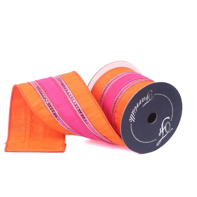 Farrisilk 4 inch x 10 yard orange and hot pink twinkle borders wired ribbon for luxury wreath bows, summer decorating, Halloween décor, tropical floral arrangements, gift wrapping, and colorful home décor