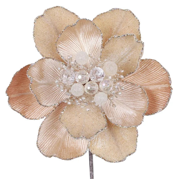 Farrisilk 7-inch champagne gold Grand Magnolia stem with layered petals, sparkling trim, pearls and crystal-like jeweled center for elegant holiday décor.