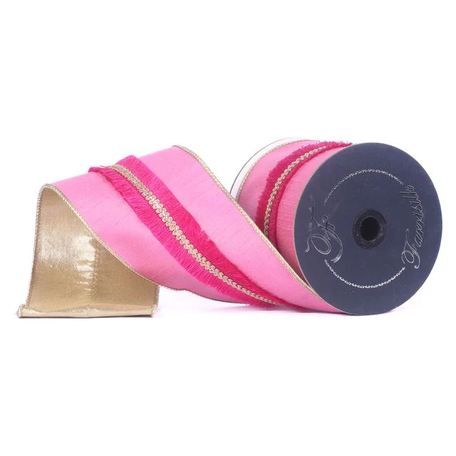 Farrisilk 4 inch x 10 yard bubble gum pink dupioni wired ribbon with velvety fringe trim and metallic gold back for luxury wreath bows, spring decorating, Easter décor, floral arrangements, weddings, and elegant home décor