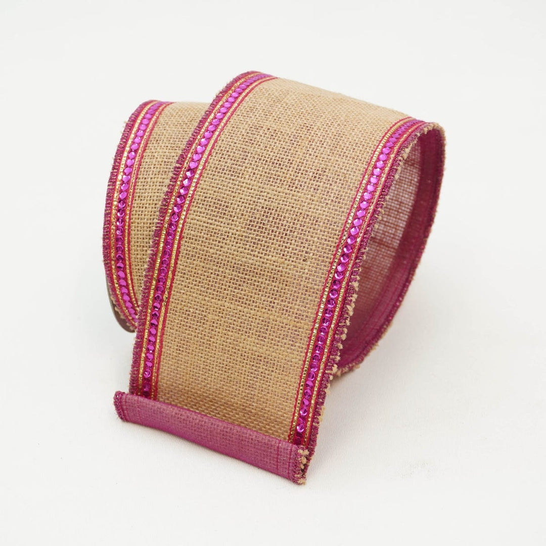 Farrisilk 4" x 10 YD Sequin Borders Wired Ribbon in Natural/Hot Pink