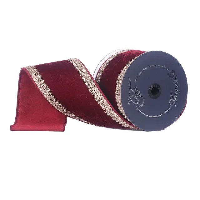 Farrisilk 4 inch x 5 yard ruby red plush velvet wired ribbon with topaz jeweled trim for luxury wreath bows, Christmas tree toppers, floral arrangements, wedding décor, gift wrapping, and elegant home décor