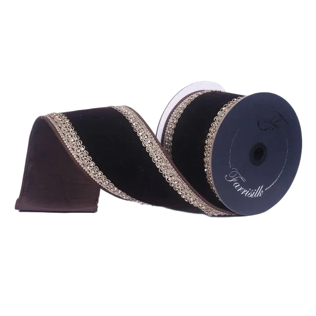 Farrisilk 4 inch x 5 yard chocolate brown plush velvet wired ribbon with topaz jeweled trim for luxury wreath bows, fall decorating, Christmas décor, floral arrangements, gift wrapping, and elegant home décor