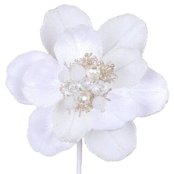 Farrisilk 7-inch white Grand Magnolia stem with layered petals, sparkling trim, pearls and crystal-like jeweled center for elegant Christmas floral décor.