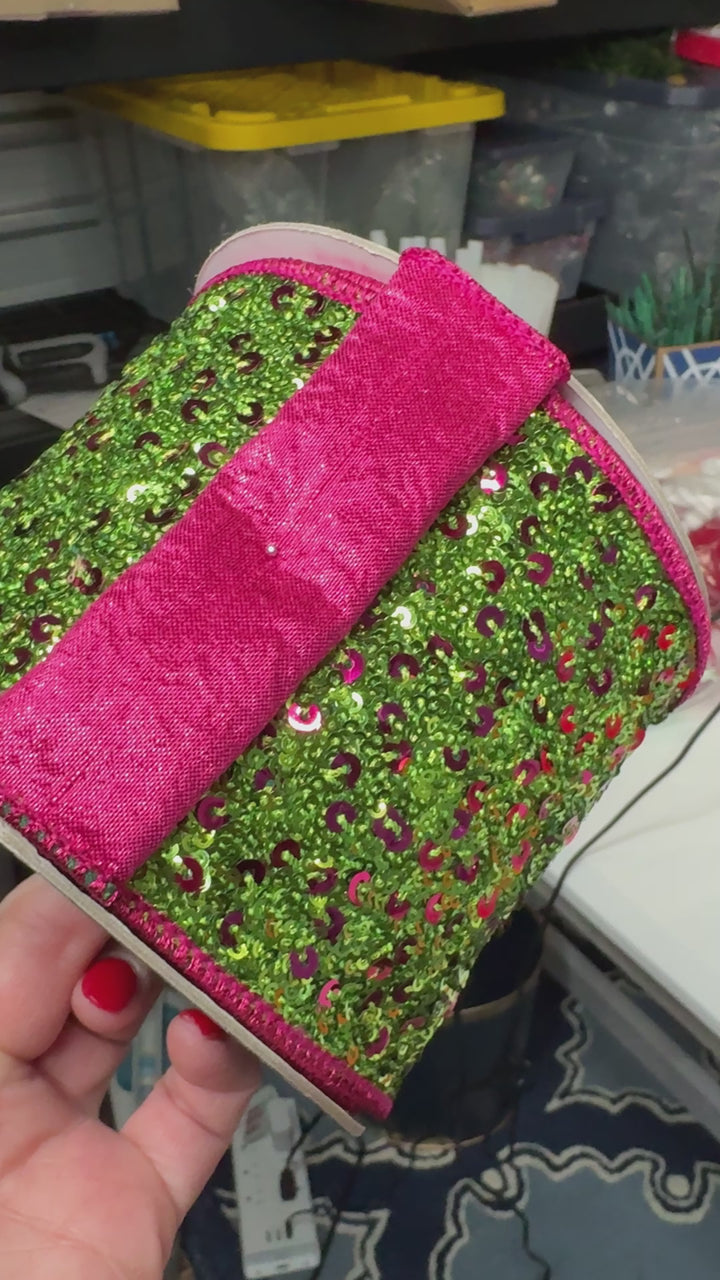 Farrisilk 4" X 5 YD Hot Pink and Lime Sequin Treasure Wired Ribbon