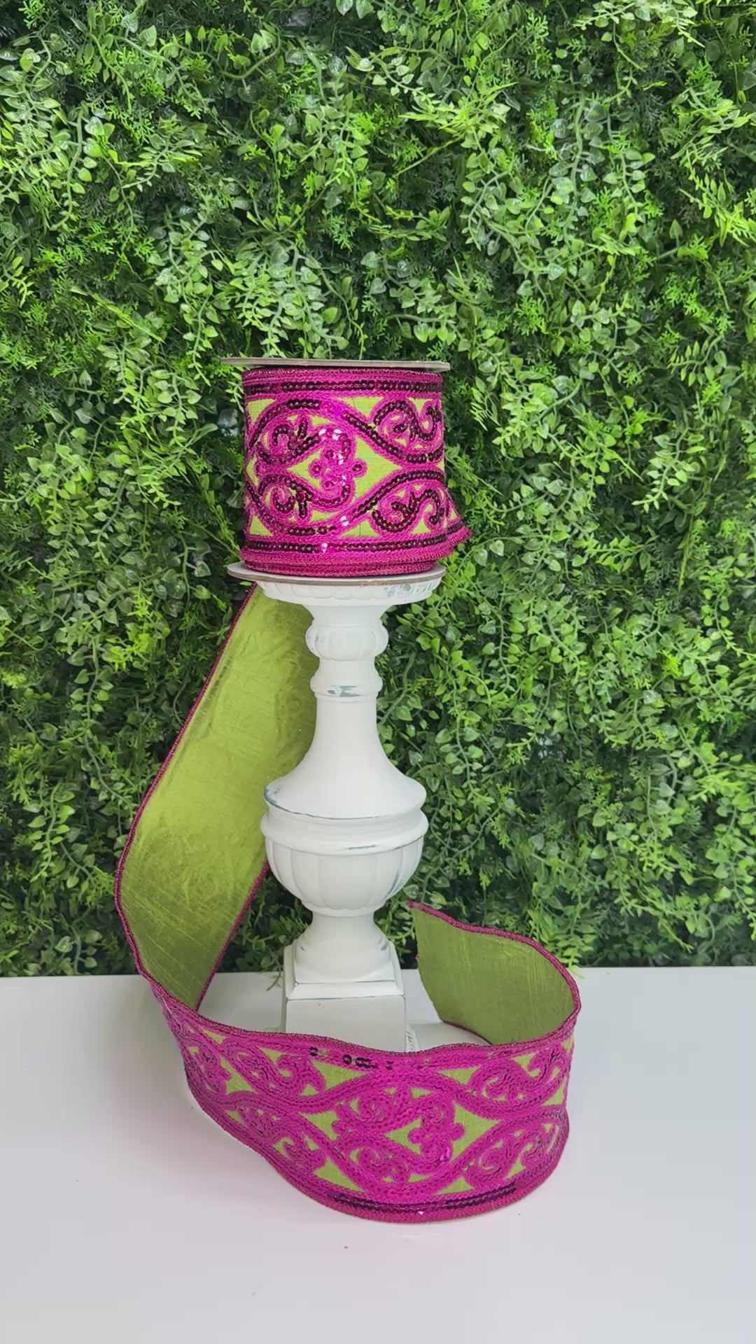 DC Exclusive Farrisilk 4" x 5 YD Lime Green and Hot Pink Morris Tapestry Wired Ribbon