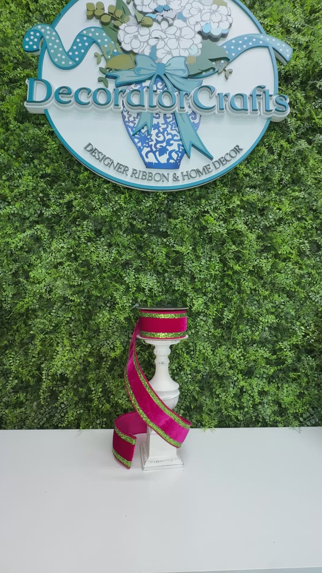 DC Exclusive Farrisilk 2.5" x 5 YD  Hot Pink Velvet with Lime Green Glitter Borders Wired Ribbon