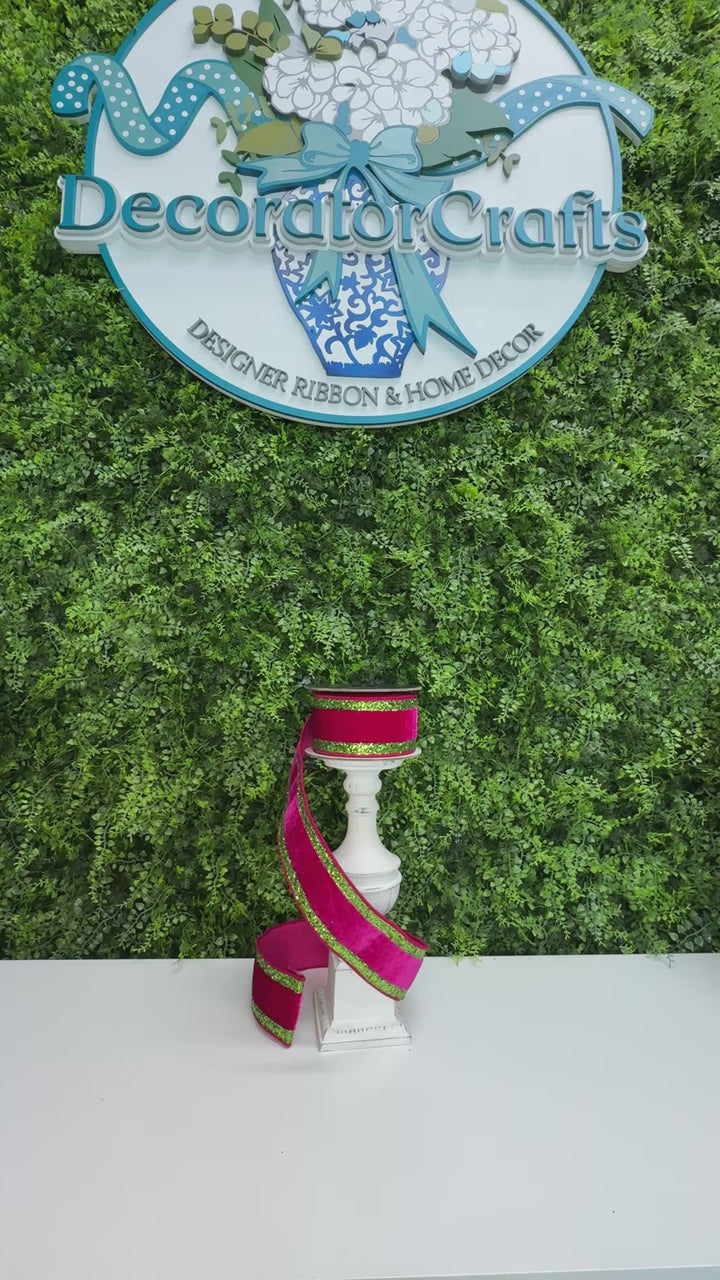 DC Exclusive Farrisilk 2.5" x 5 YD  Hot Pink Velvet with Lime Green Glitter Borders Wired Ribbon