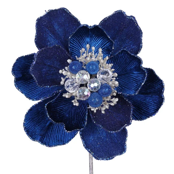 Farrisilk 7-inch navy blue Grand Magnolia stem with layered petals, sparkling trim, pearls and crystal-like jeweled center for elegant Christmas décor.