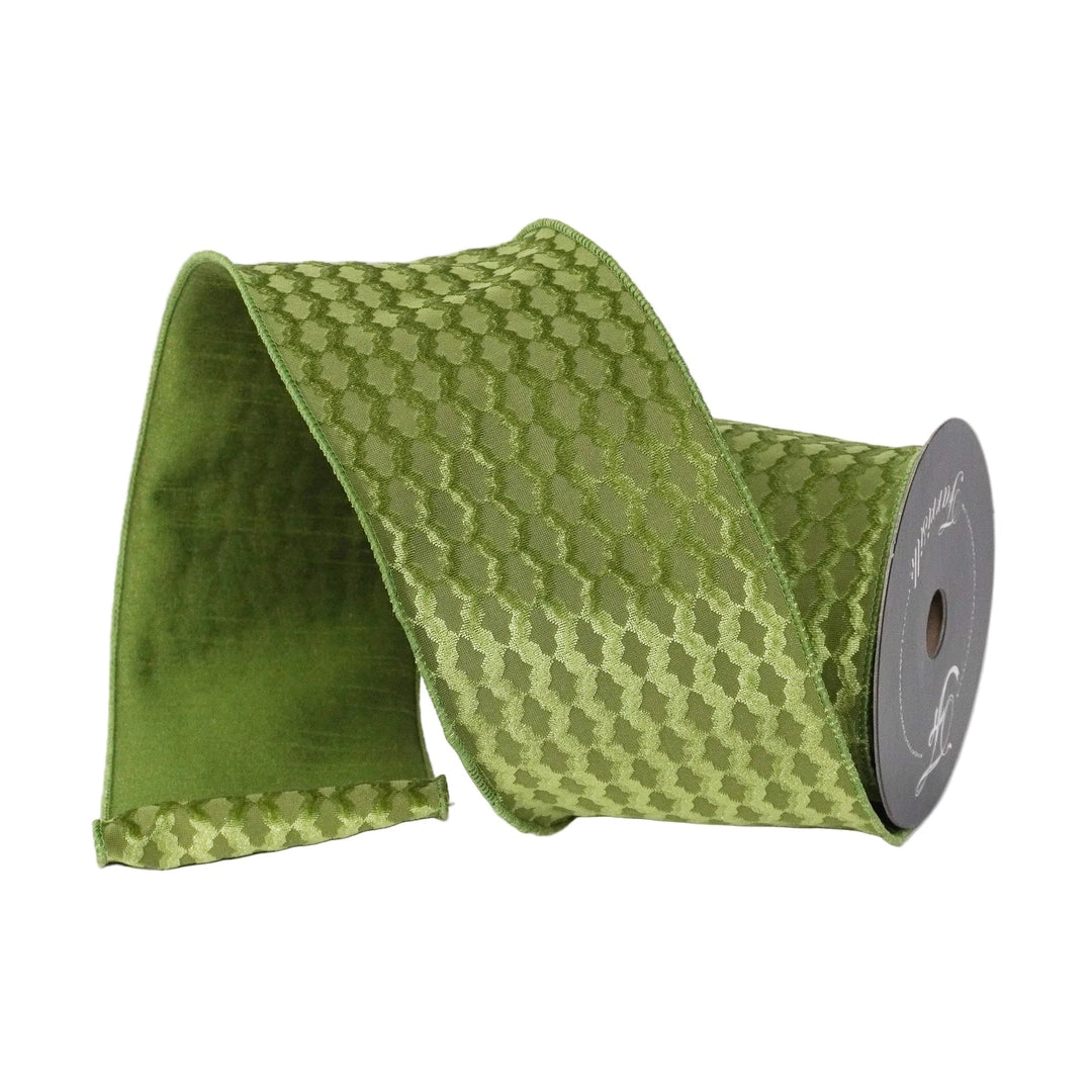 Farrisilk 4 inch x 5 yard Forest Green Corbel wired ribbon with woven tone-on-tone pattern for luxury wreath bows, Christmas decorating, floral arrangements, garlands, woodland décor, gift wrapping, and elegant home décor