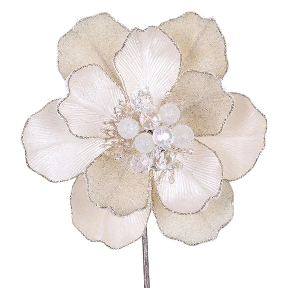 Farrisilk 7-inch ivory Grand Magnolia stem with layered petals, sparkling edges and jeweled pearl center for Christmas trees, wreaths and floral décor.