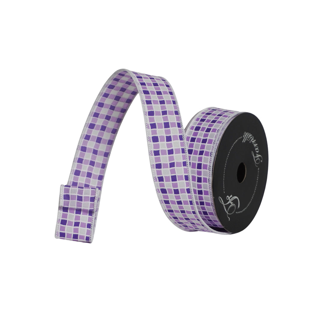 Roll of purple and white checkered ribbon on a white background
