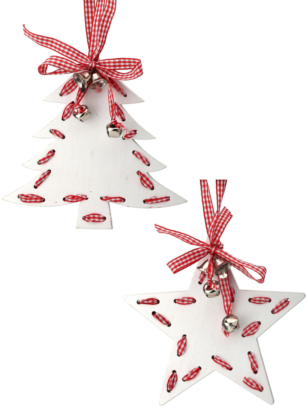 Regency 6" MDF Tree & Star Check Ribbon Ornament set in Red/White with bells