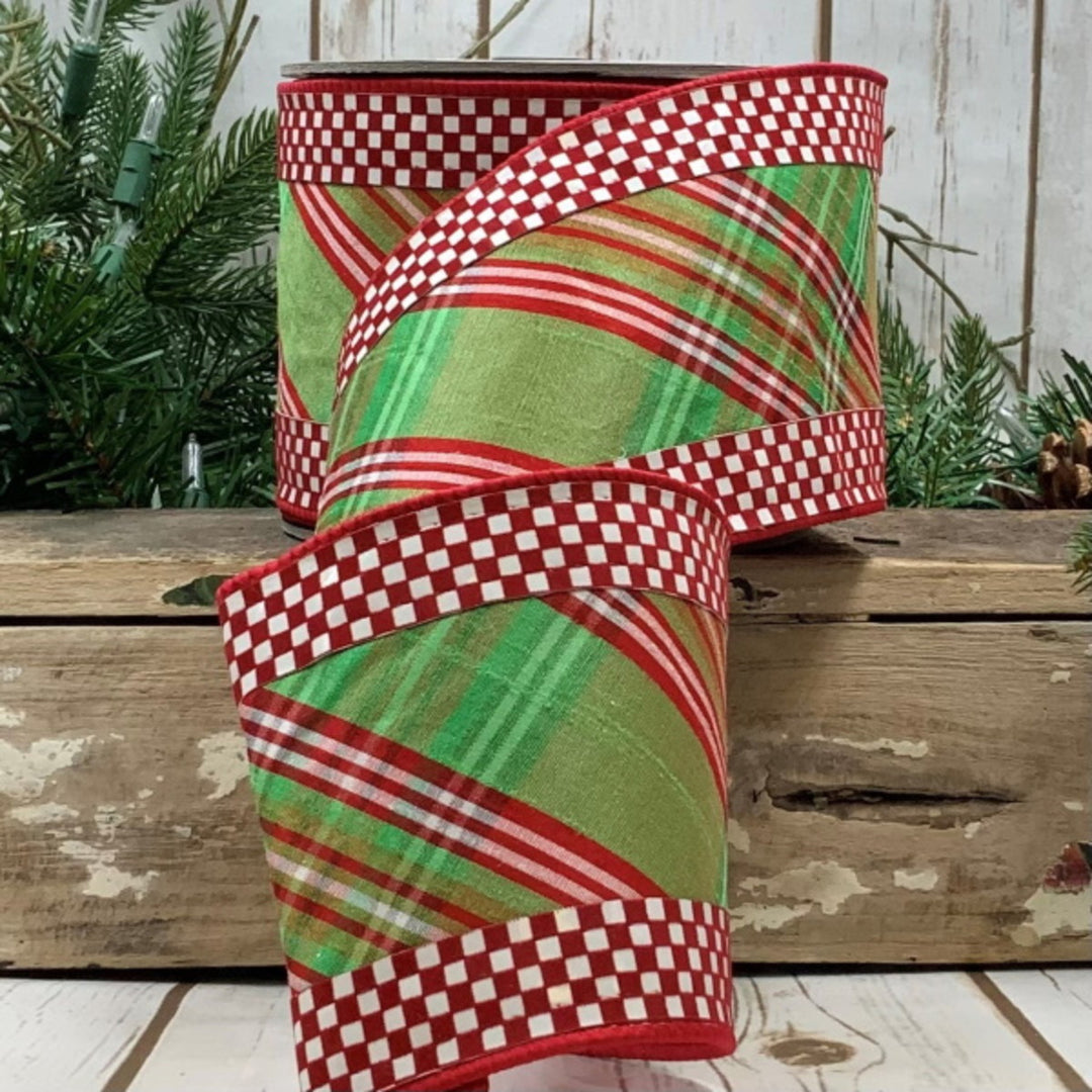 d. stevens 4" x 10 YD Dupion North Pole Plaid with Check edge Wired Ribbon in Red and Green