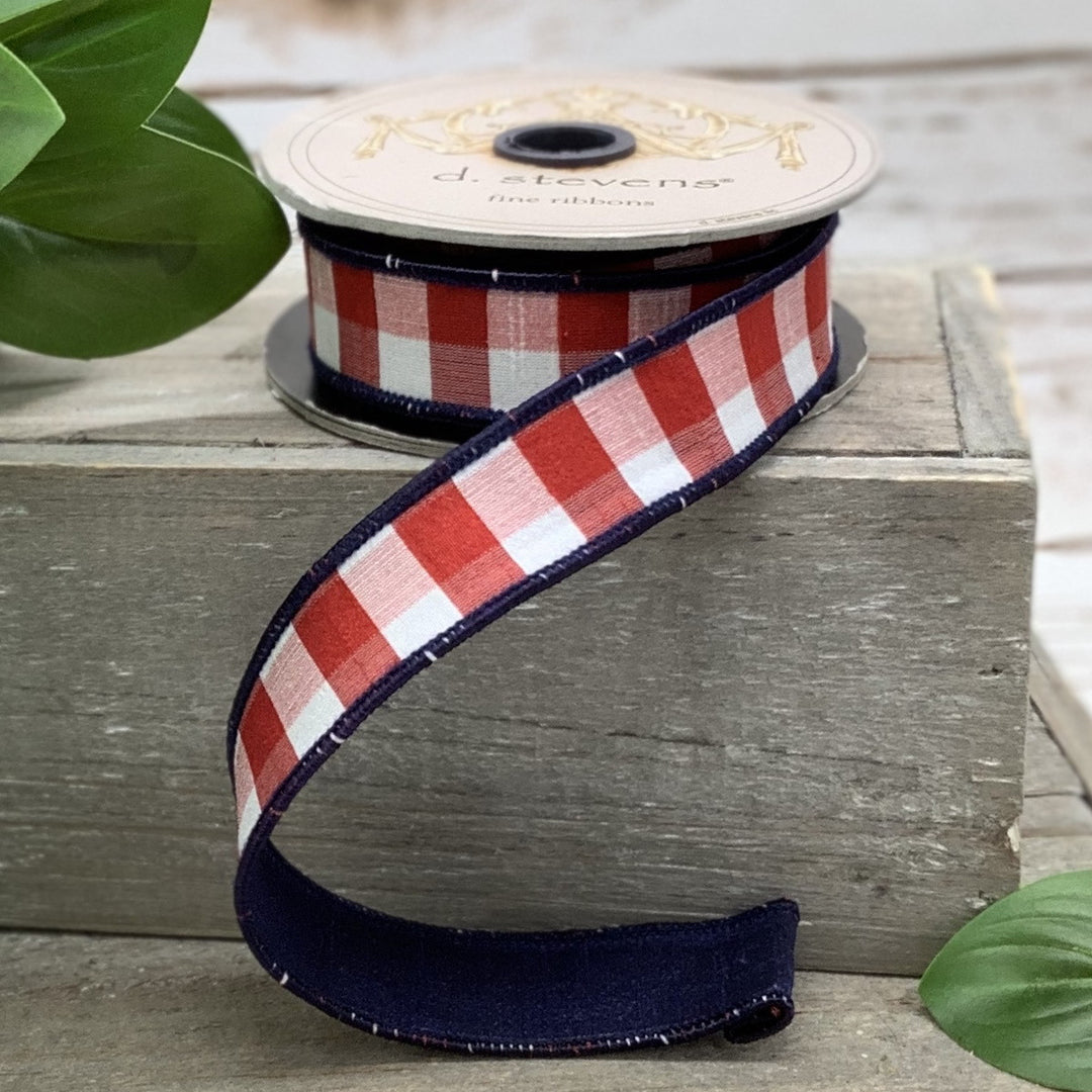d. stevens 1" x 10 YD Red/White/Blue Check Wired Ribbon