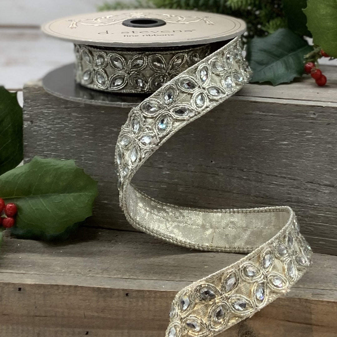 d. stevens 1" x 5 YD faux Metallic Dupioni Jeweled Flowers Wired Ribbon in Platinum