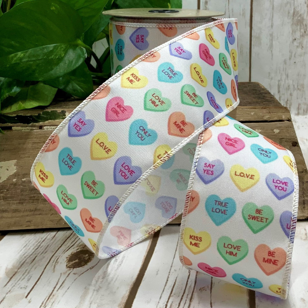 d. stevens 2.5" x 10 YD White Conversation Hearts Wired Ribbon
