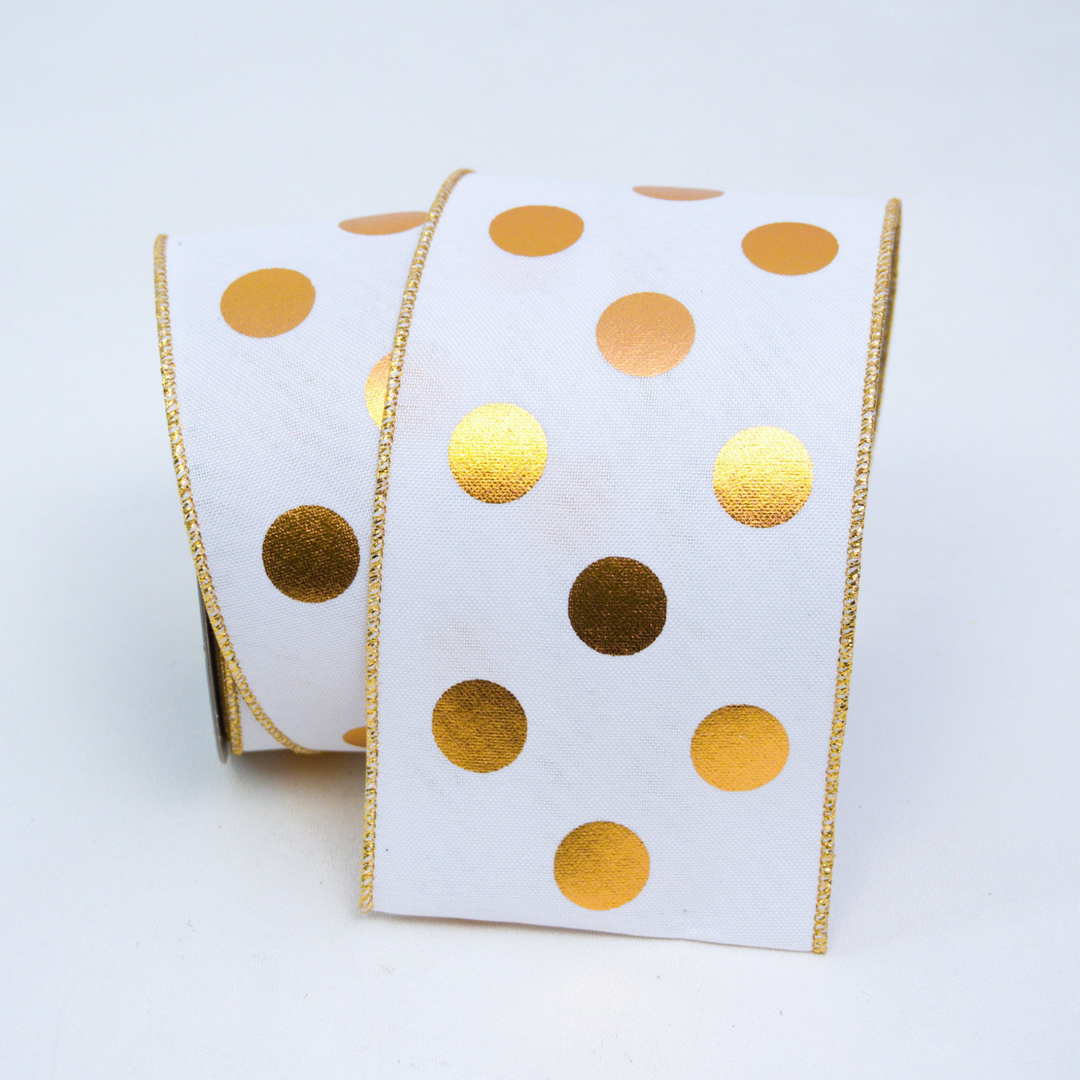 Farrisilk LUXURY 4" x 10 YD Foil Dots Wired Ribbon - Gold/White