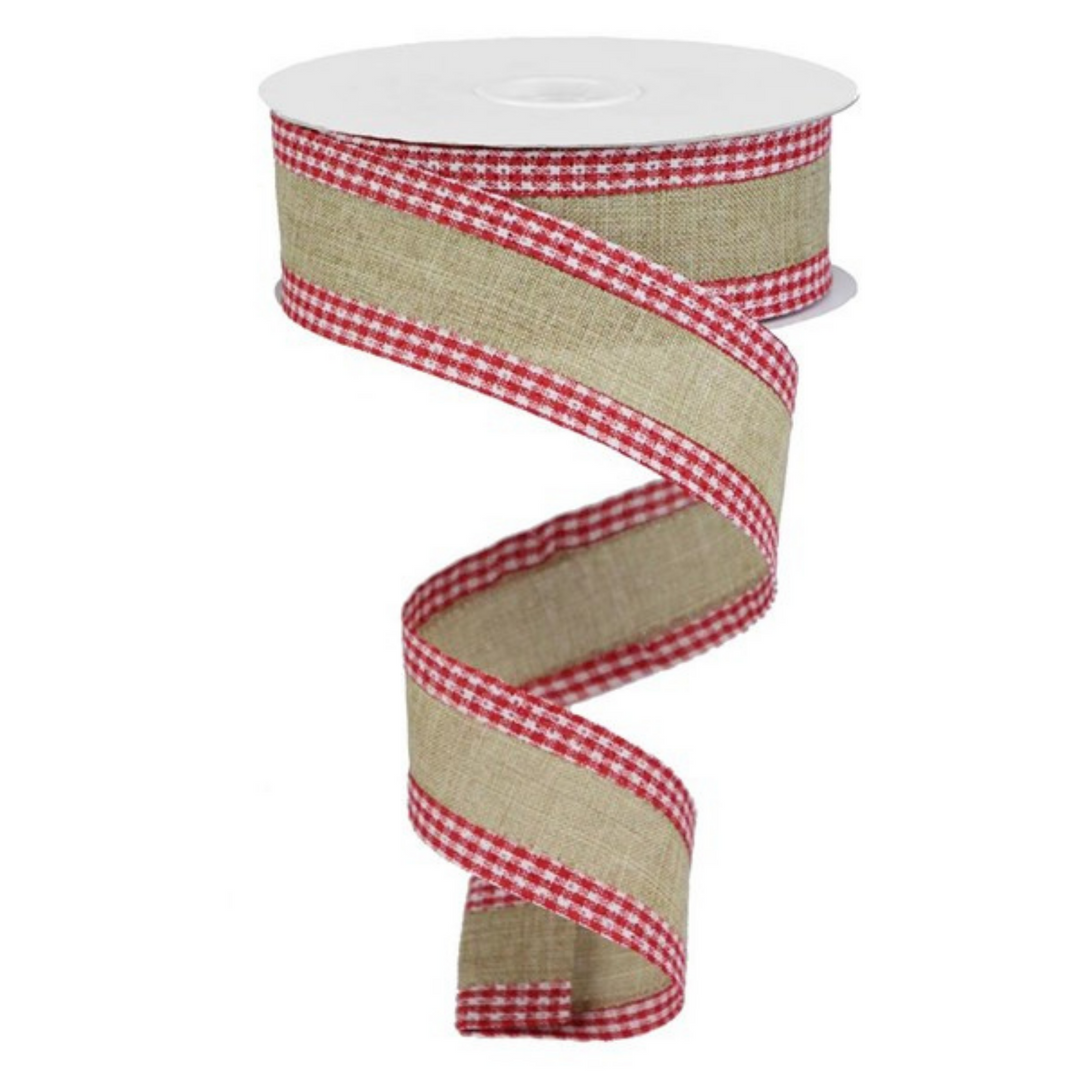 1.5" x 10 YD Royal Burlap Gingham Edge Wired Ribbon in Red/Beige/White